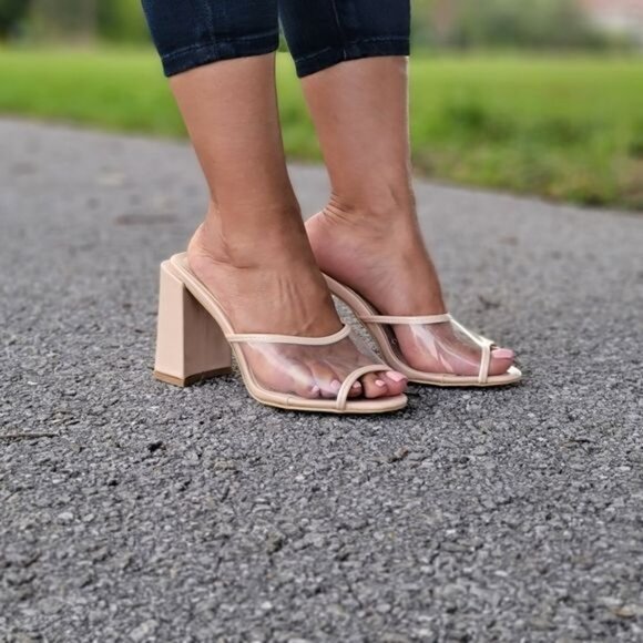 Clear Chunky Block Mid Heel Mule Sandals Nude Color - Picture 8 of 8